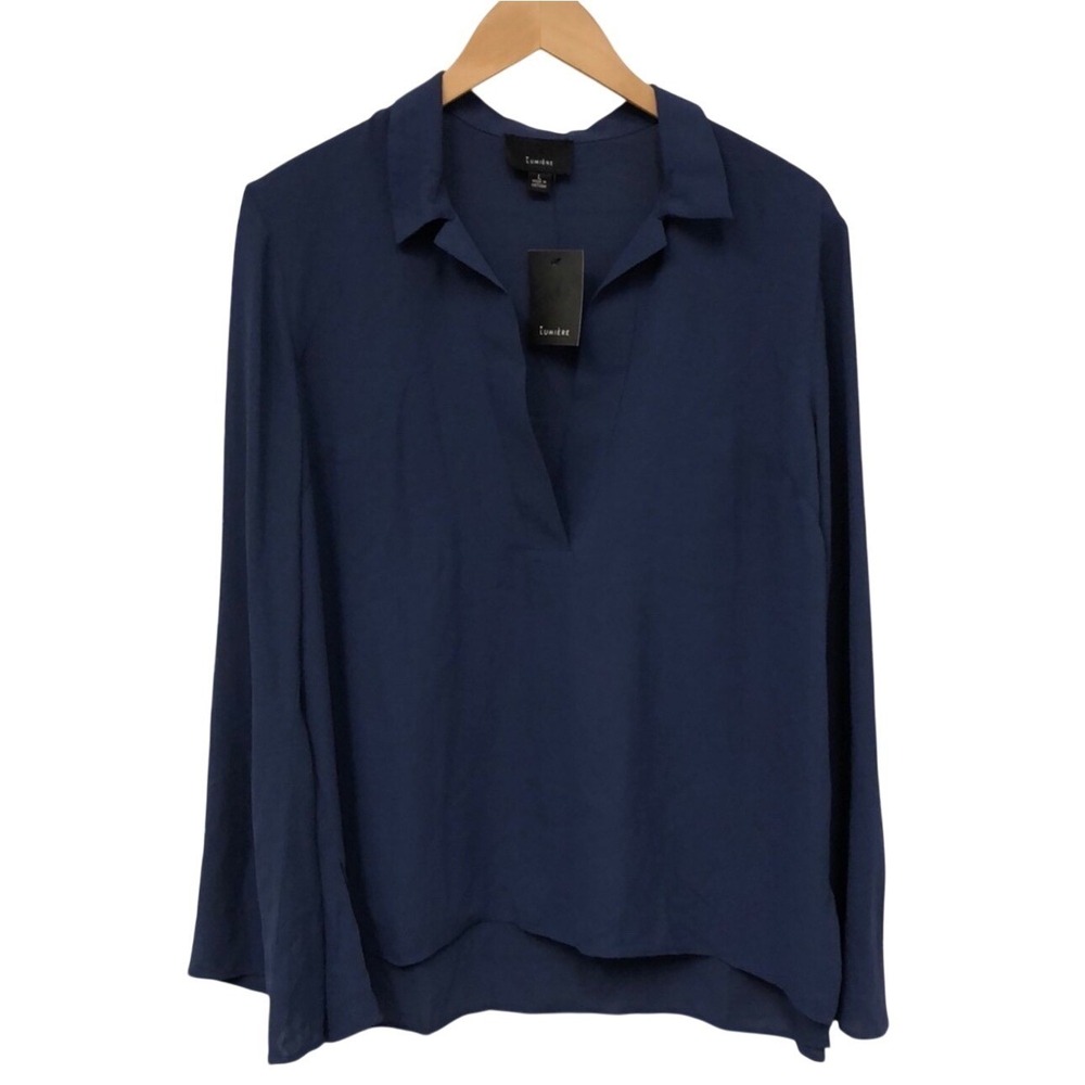 LUMIERE Womens Navy Blue Collared V Neck Long Sleeve Blouse Shirt Top M